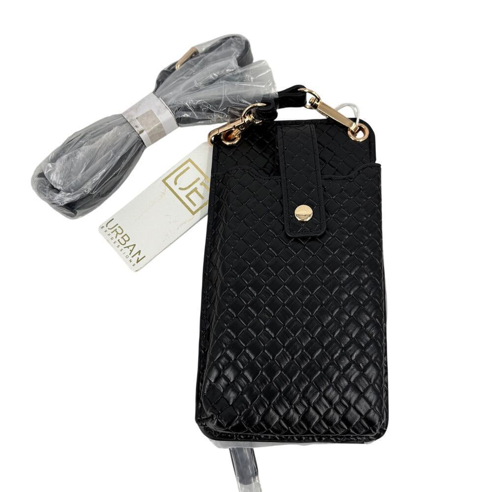 Urban Expressions Claire Woven Cell Phone Crossbody Wallet Black Vegan Leather
